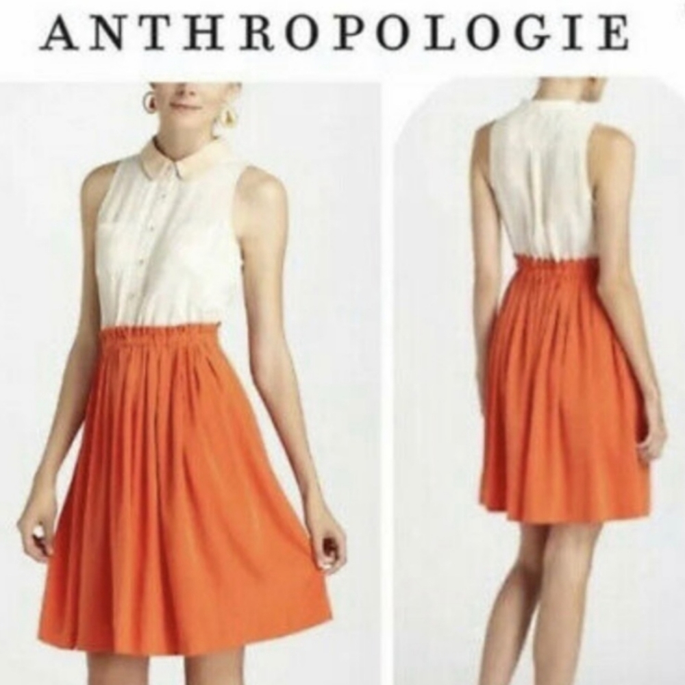 Anthropologie Orange and Cream Pleated Sundress with Peter Pan Collar